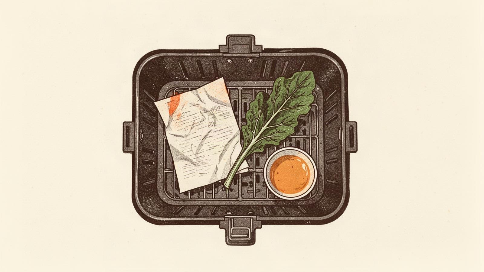 Ilustração em risografia de um cesto de air fryer visto de cima, com uma folha de papel amassada, uma folha verde e uma tigela de líquido.