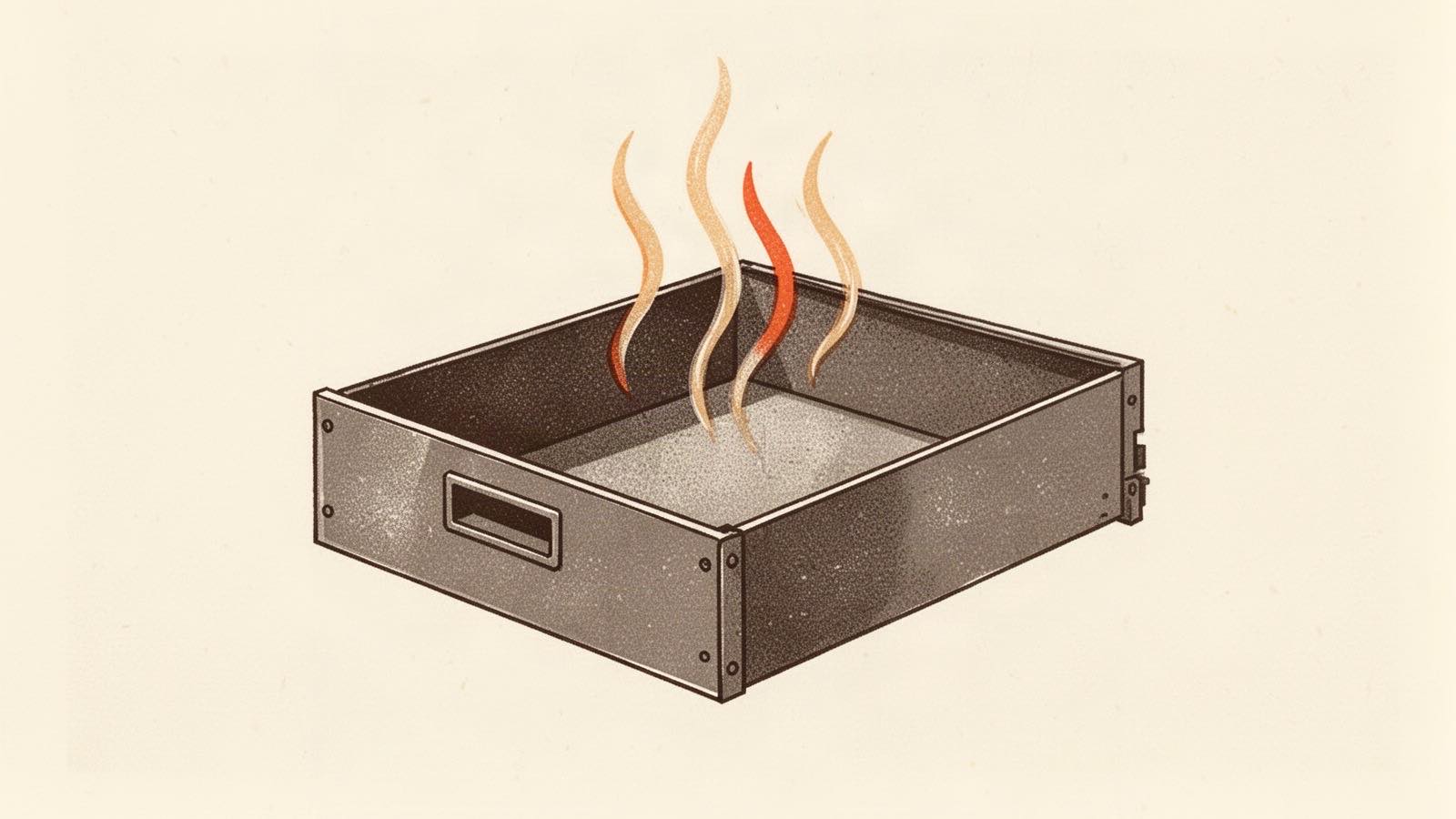Ilustração em risografia de um cesto de metal vazio com três fios de ar quente subindo.